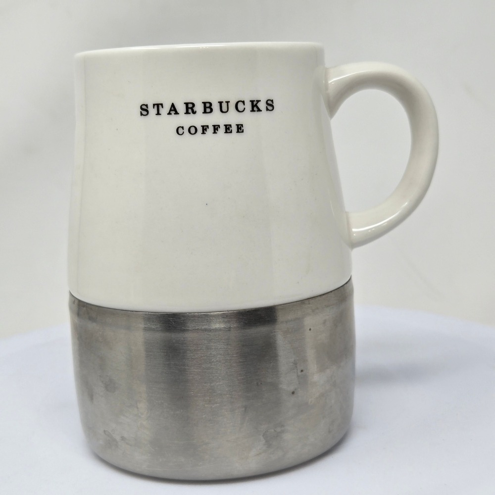 Starbucks Coffee 2006 Ceramic Stainless Steel Mixed Media Mug 14oz White Silver